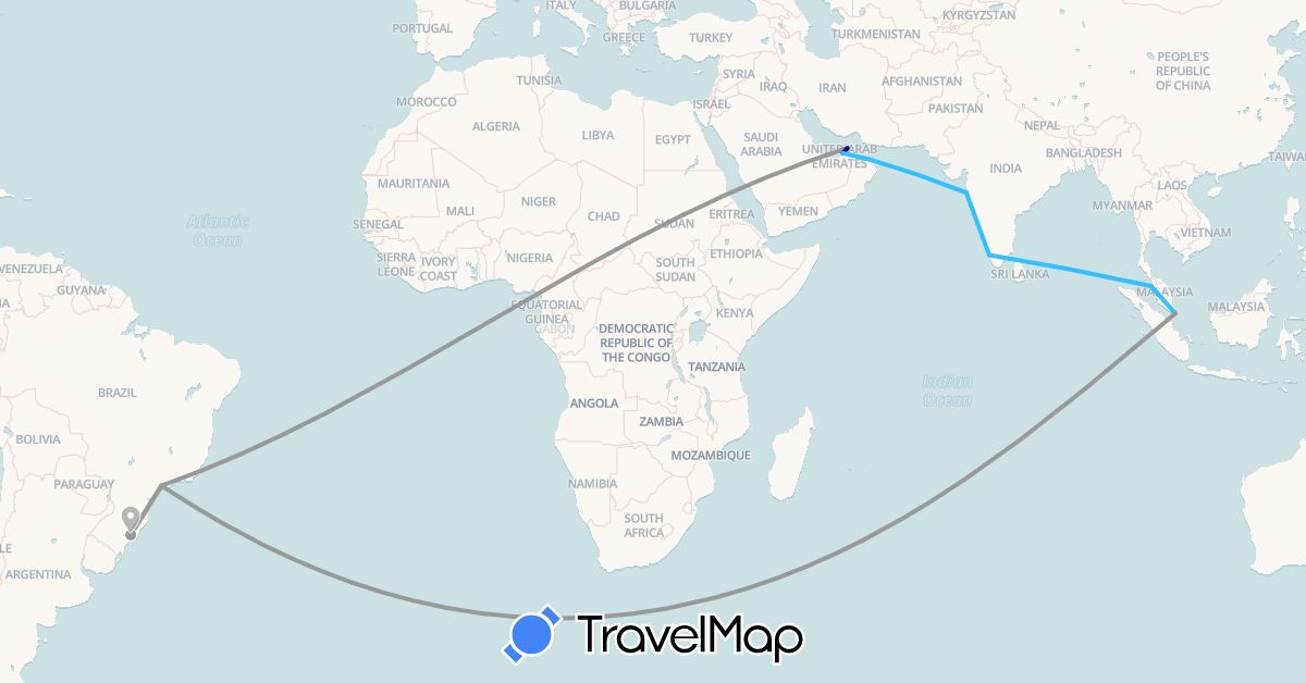 TravelMap itinerary: driving, plane, boat in United Arab Emirates, Brazil, India, Malaysia, Oman, Singapore (Asia, South America)